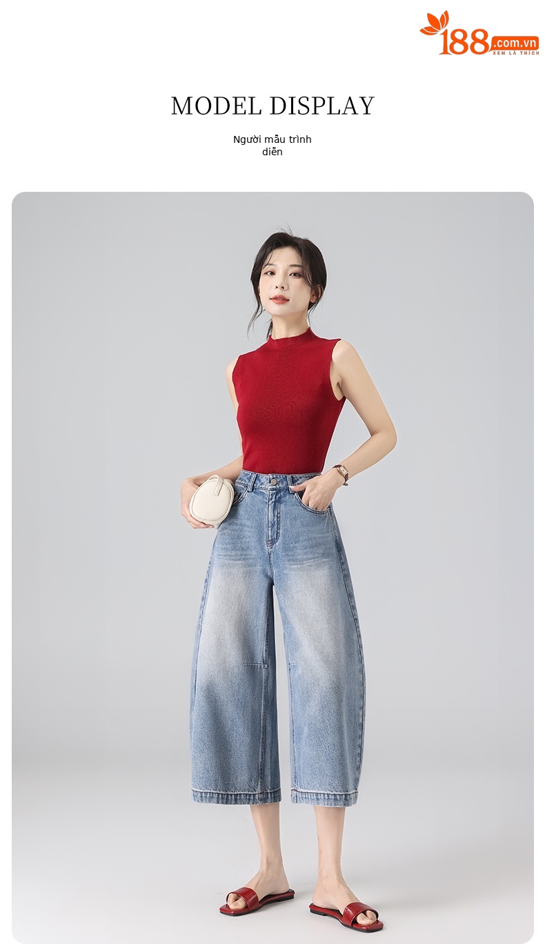 Quần jean nữ ống rộng cạp cao phong cách Mỹ retro, dáng suông rộng che khuyết điểm, dài 7–8 phân — màu xanh nhạt chi tiết 20
