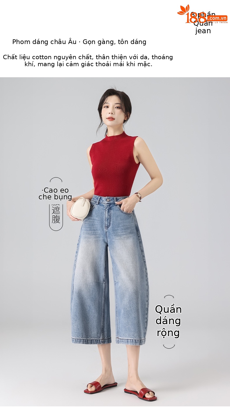 Quần jean nữ ống rộng cạp cao phong cách Mỹ retro, dáng suông rộng che khuyết điểm, dài 7–8 phân — màu xanh nhạt chi tiết 1