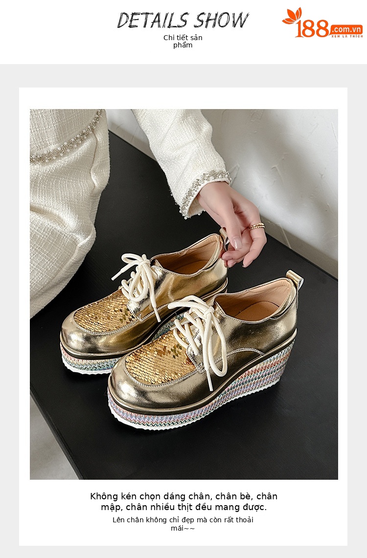 Giày loafer nữ đế xuồng cao gót 9 cm, phối đế cói, dây buộc, phối sequin lấp lánh — màu vàng, xanh lam chi tiết 4
