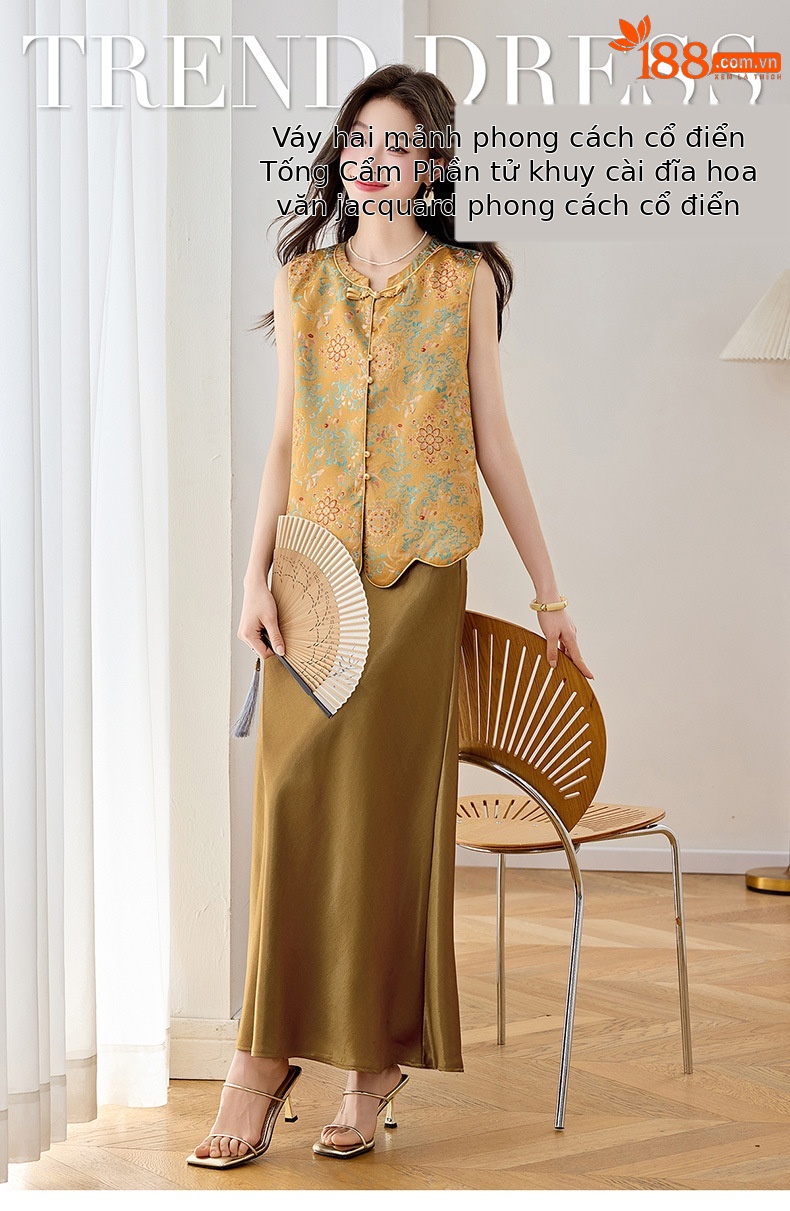 Set áo gile vest và chân váy maxi thắt eo phong cách tân cổ điển WA9509 — màu vàng chi tiết 1