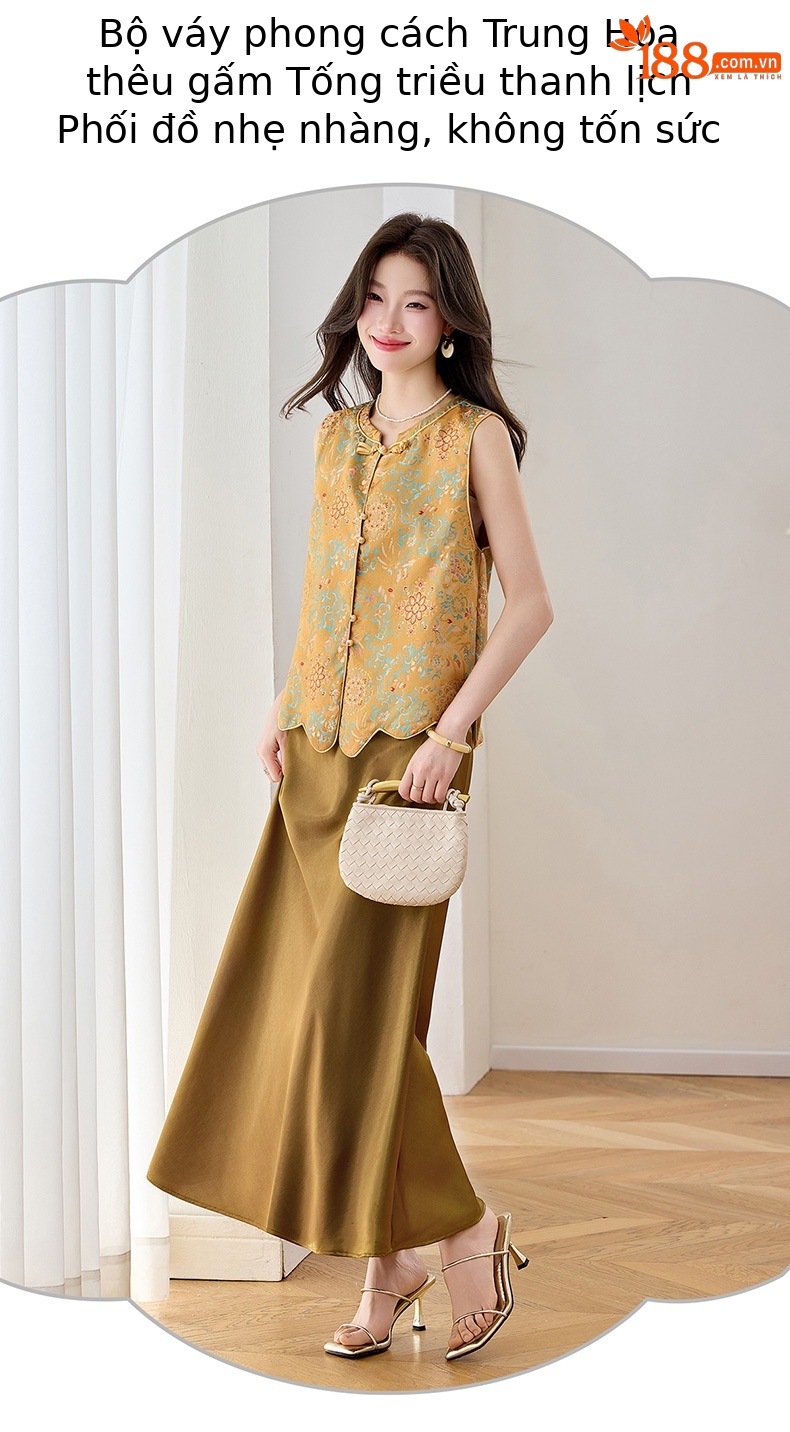 Set áo gile vest và chân váy maxi thắt eo phong cách tân cổ điển WA9509 — màu vàng chi tiết 4