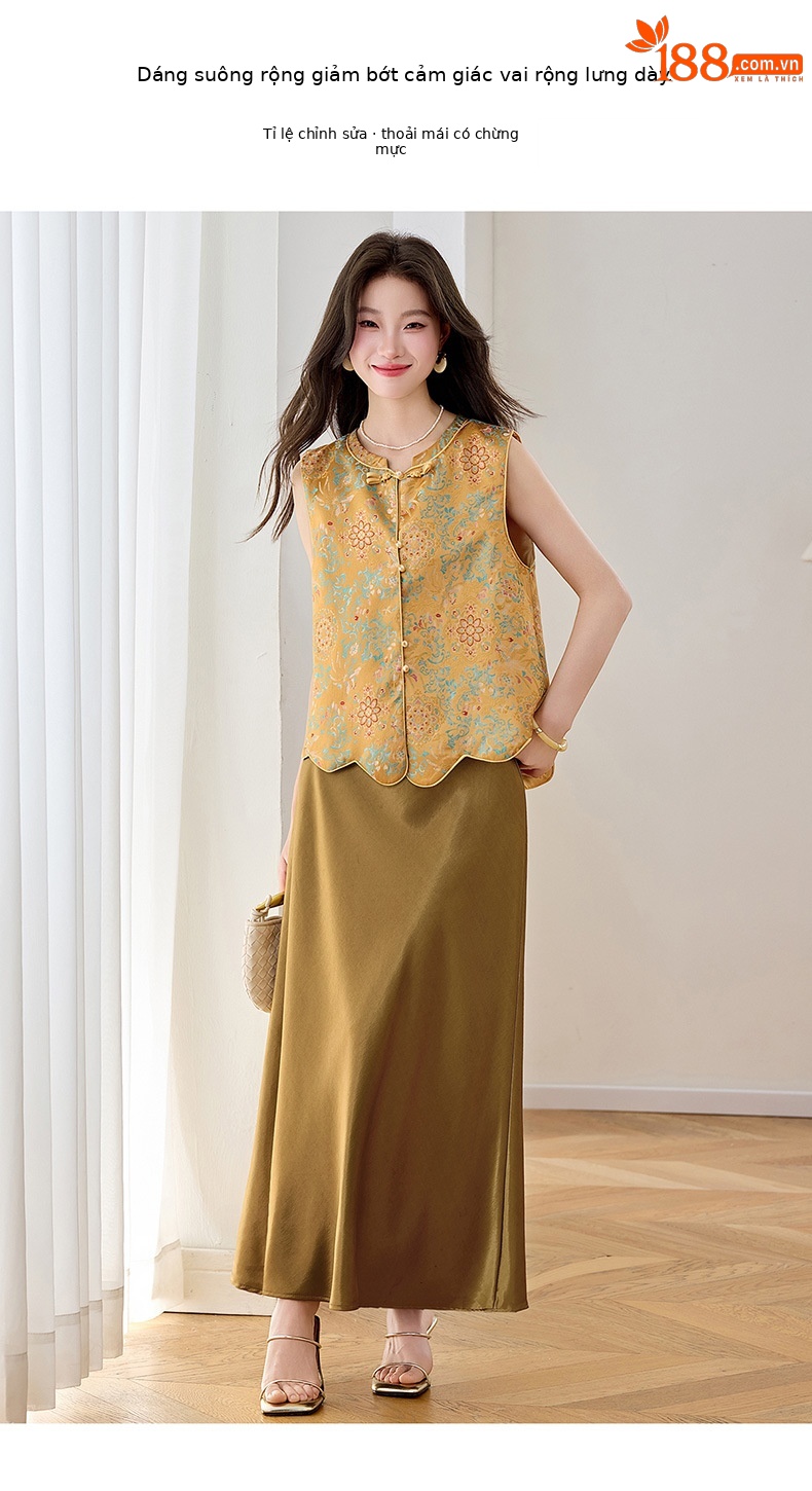 Set áo gile vest và chân váy maxi thắt eo phong cách tân cổ điển WA9509 — màu vàng chi tiết 6