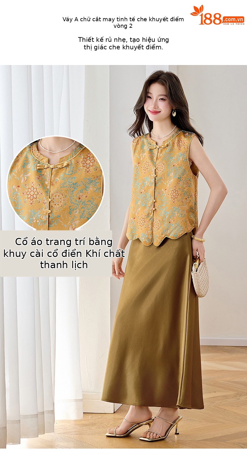 Set áo gile vest và chân váy maxi thắt eo phong cách tân cổ điển WA9509 — màu vàng chi tiết 7