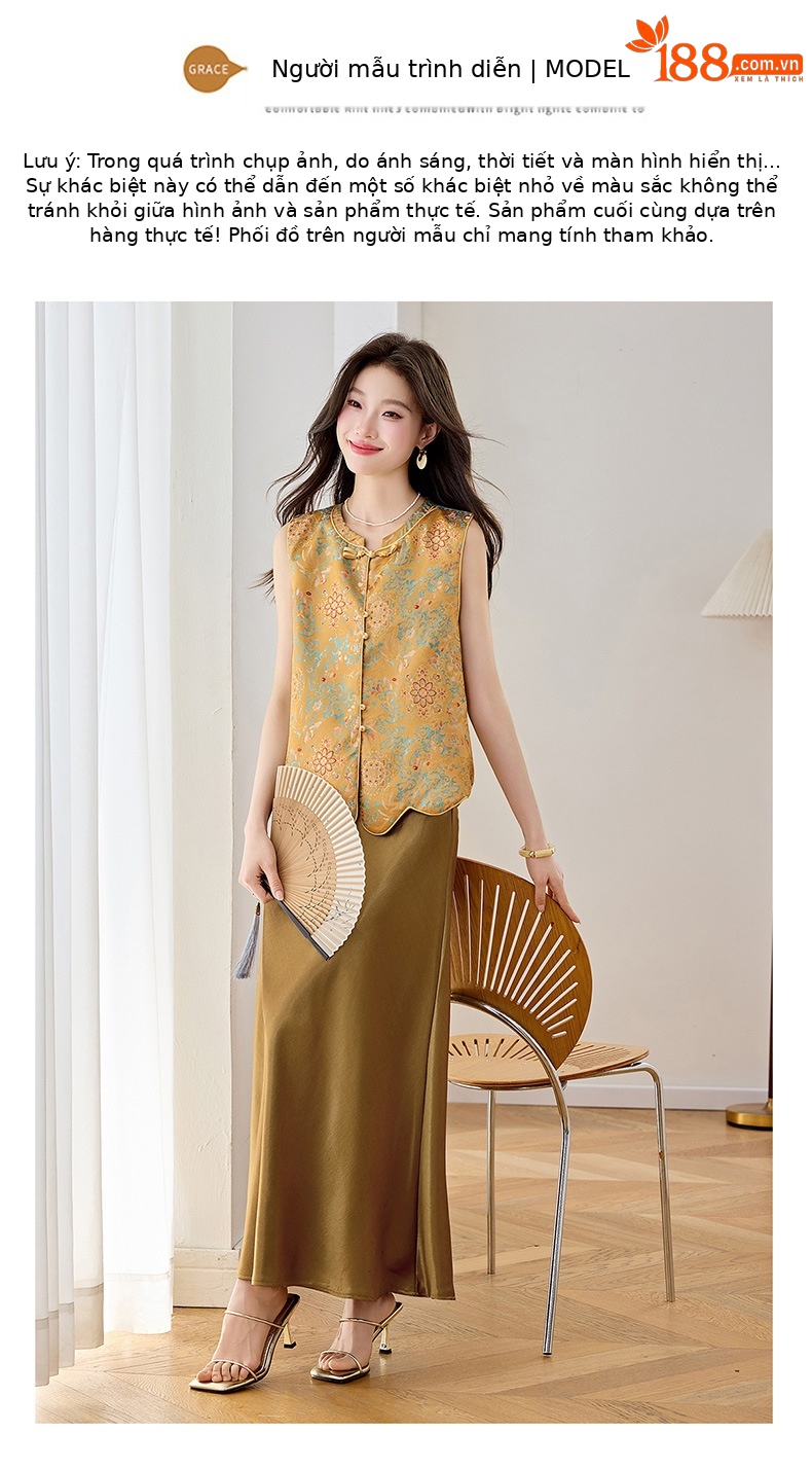 Set áo gile vest và chân váy maxi thắt eo phong cách tân cổ điển WA9509 — màu vàng chi tiết 12