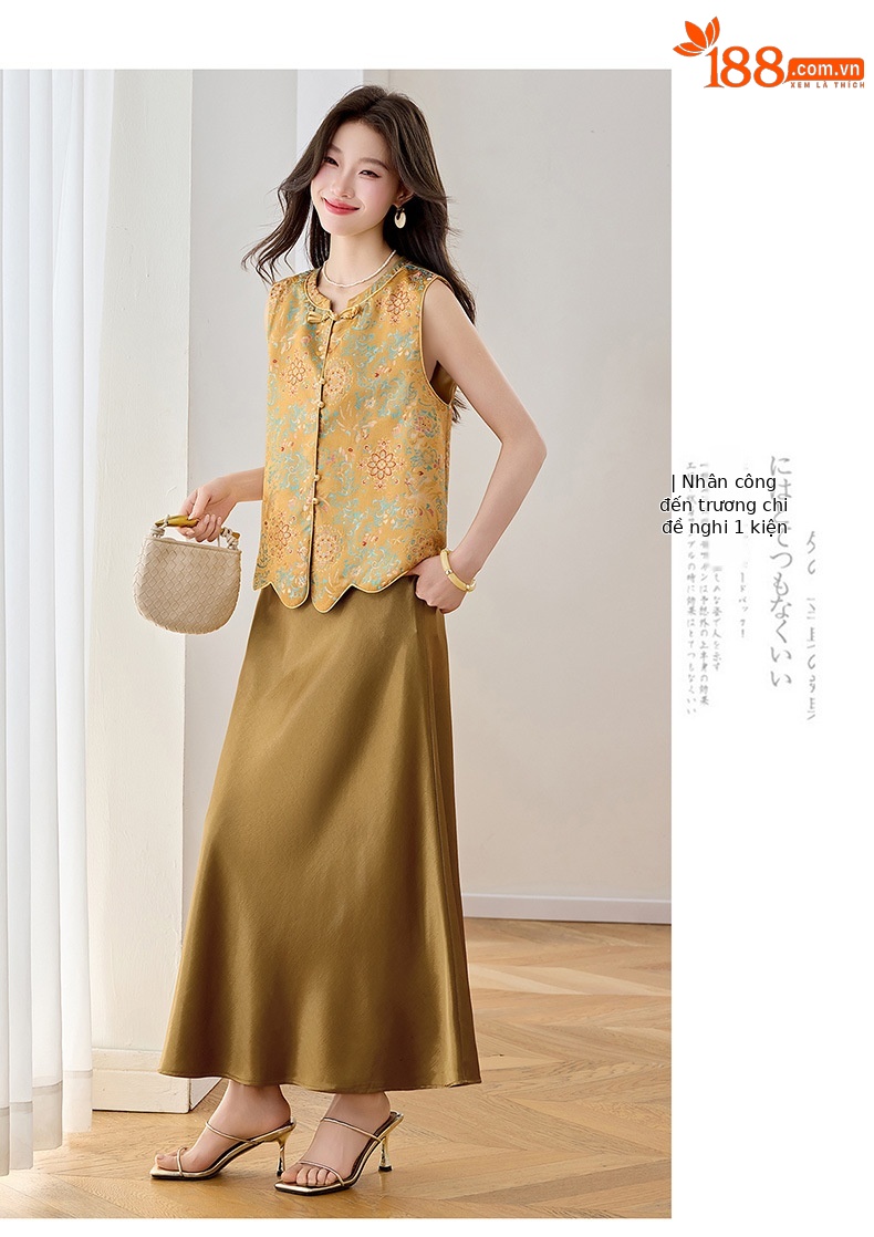 Set áo gile vest và chân váy maxi thắt eo phong cách tân cổ điển WA9509 — màu vàng chi tiết 15