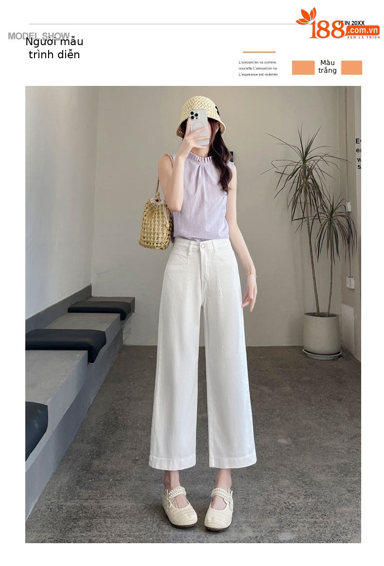 Quần jean nữ ống rộng dáng suông cạp cao 9 phân — Màu xanh tannin 8 điểm chi tiết 10