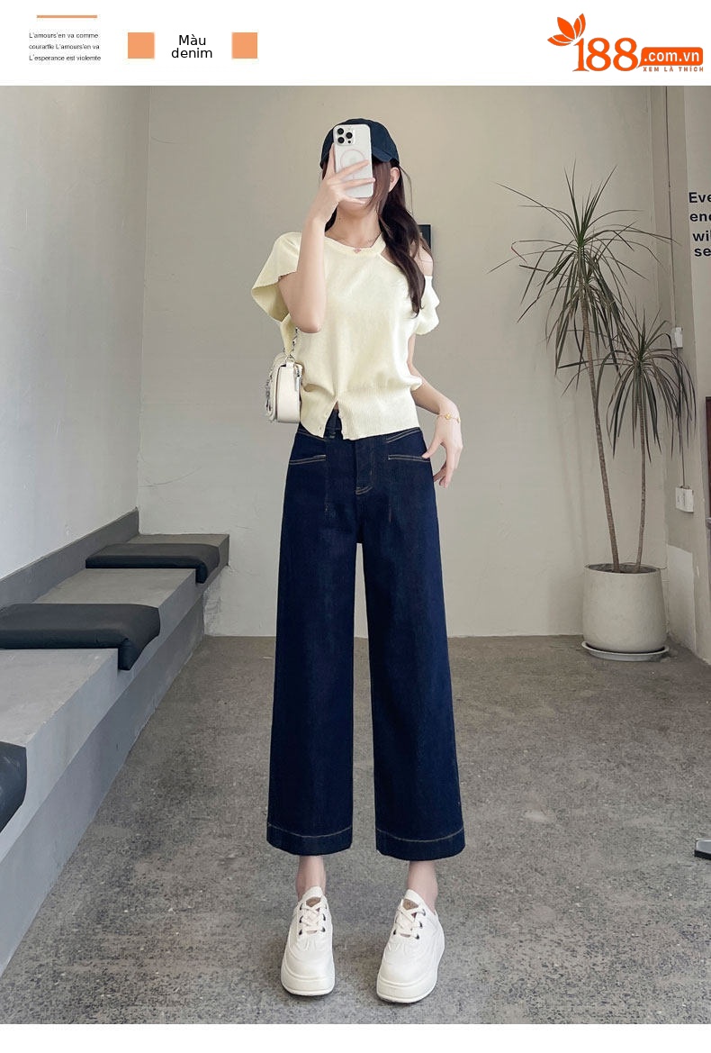 Quần jean nữ ống rộng dáng suông cạp cao 9 phân — Màu xanh tannin 8 điểm chi tiết 14