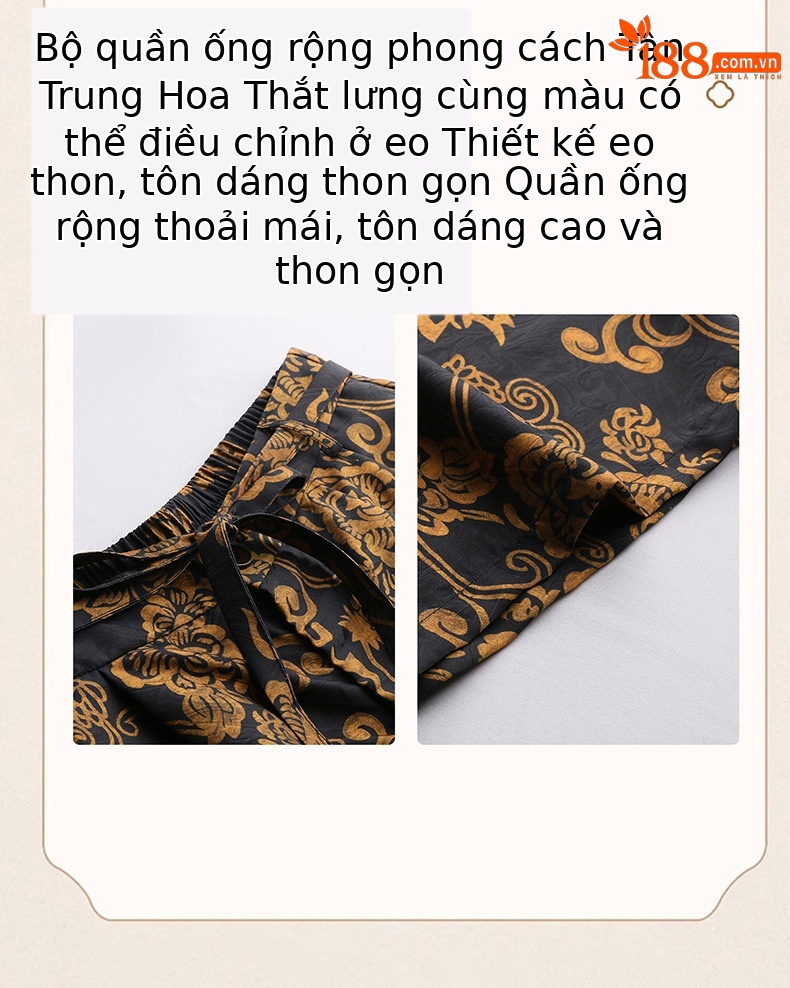 Bộ quần áo nữ hai mảnh mùa hè 2026: áo T-shirt cổ đứng in họa tiết kết hợp quần ống rộng — Hoa đen, Hoa vàng chi tiết 8