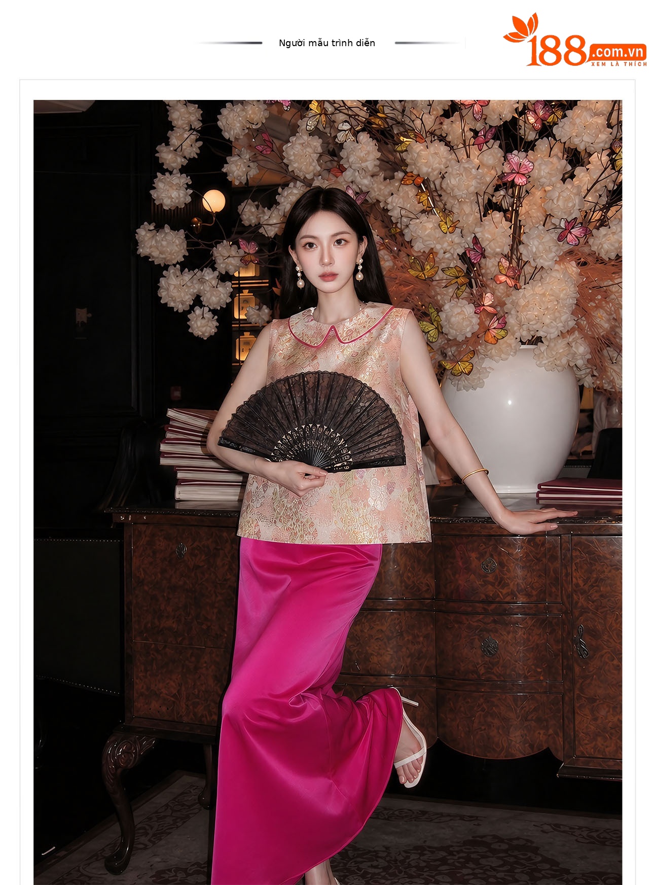 Bộ áo gile + chân váy nữ phong cách Trung Hoa mới, chất liệu jacquard cao cấp, form thắt eo thanh lịch — Áo khoác Carmine, Trang phục [Áo khoác màu hồng+váy đỏ], Màu đỏ nửa váy chi tiết 1