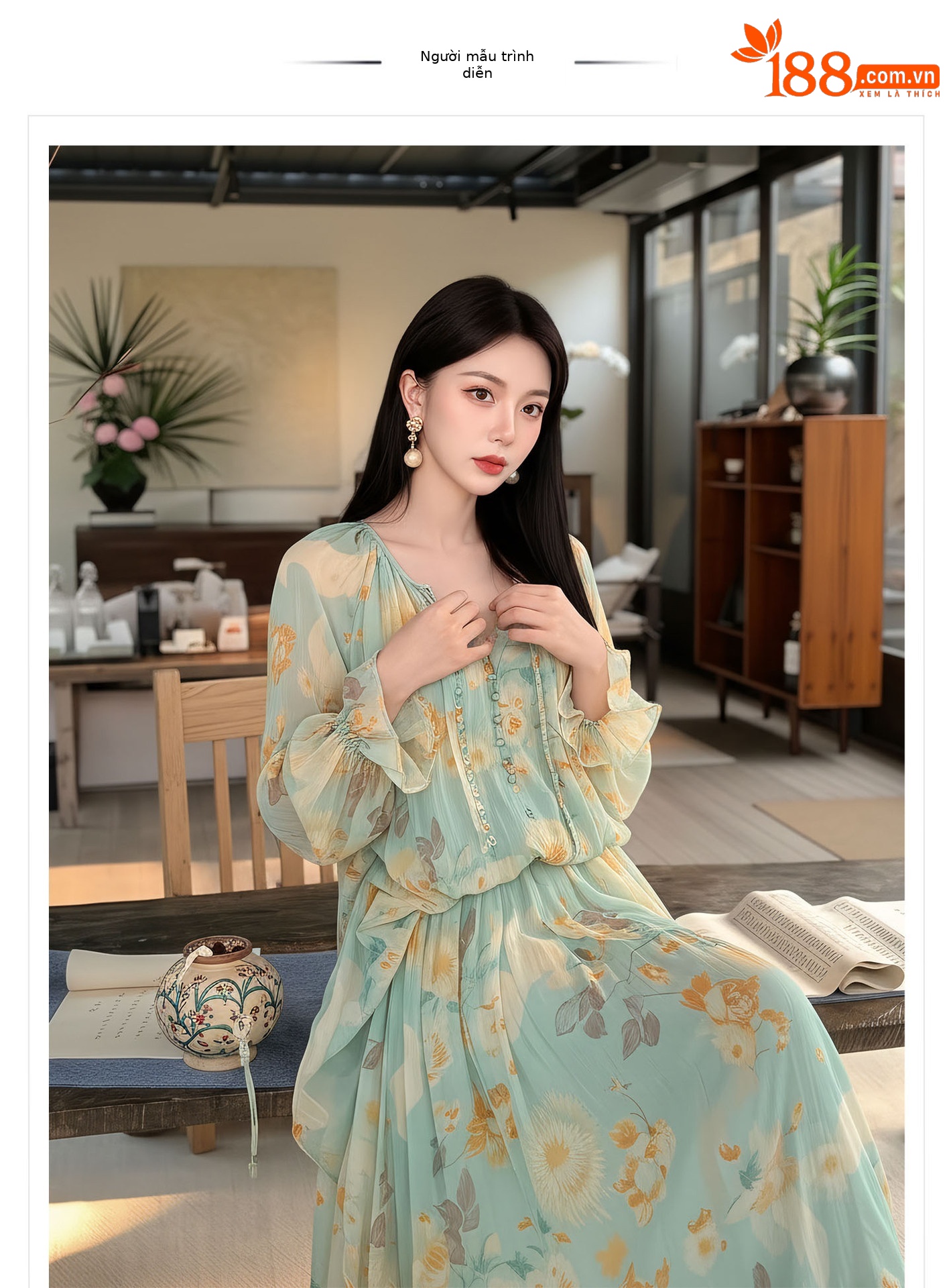 Đầm maxi nữ thắt eo phong cách Tân Trung Hoa in họa tiết thiết kế giả hai lớp — Thiên Thanh chi tiết 1