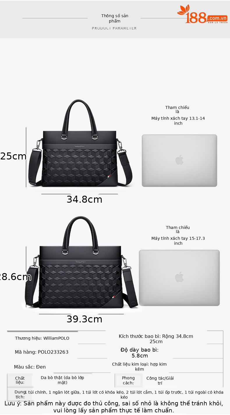Cặp da nam công sở đựng laptop chéo đa năng Hoàng đế Paul chi tiết 9