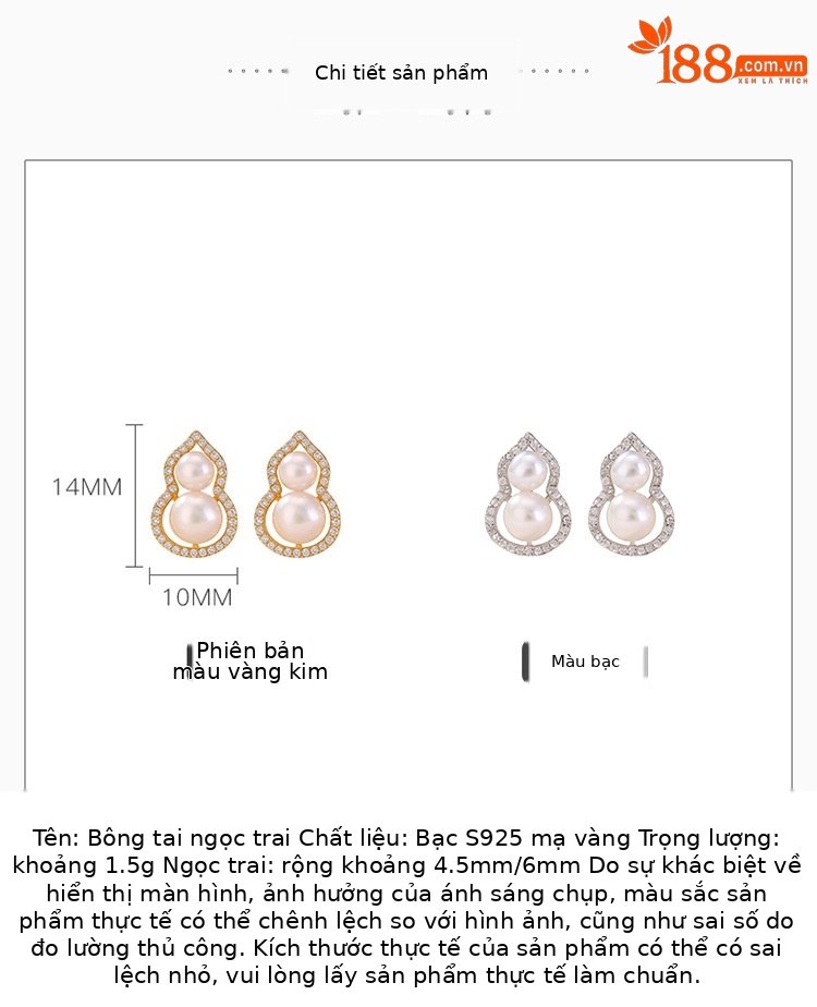 Bông tai bạc S925 mạ vàng đính ngọc trai nước ngọt hình quả hồ lô phong cách mới — Bạc chi tiết 2