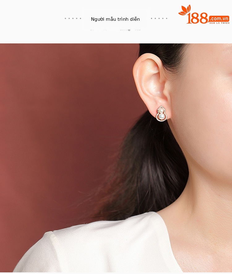 Bông tai bạc S925 mạ vàng đính ngọc trai nước ngọt hình quả hồ lô phong cách mới — Bạc chi tiết 5