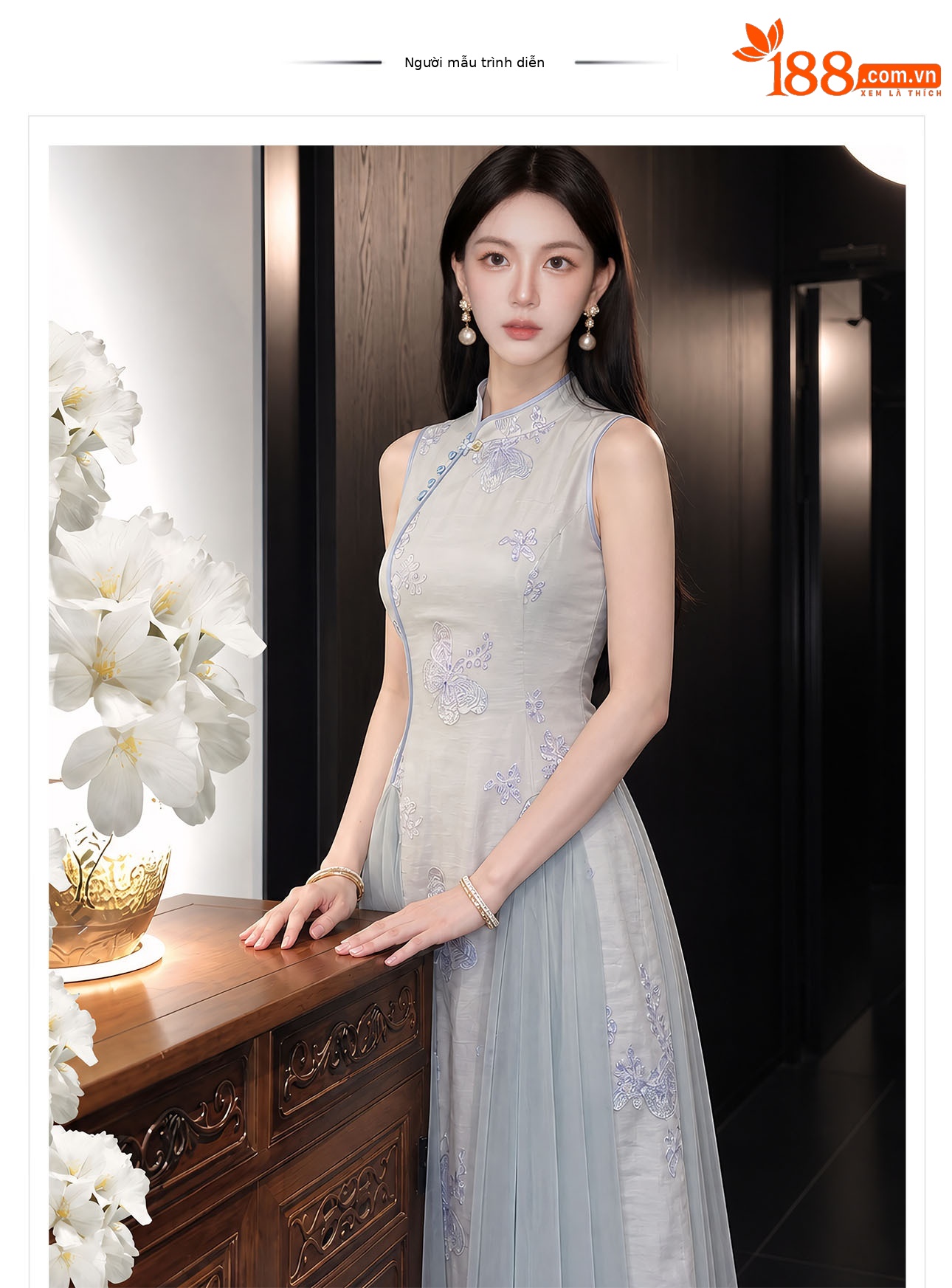Đầm maxi nữ thắt eo kiểu sườn xám cách tân không tay dáng dài — màu xanh nhạt chi tiết 1