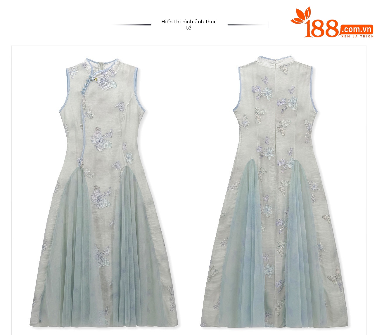 Đầm maxi nữ thắt eo kiểu sườn xám cách tân không tay dáng dài — màu xanh nhạt chi tiết 11