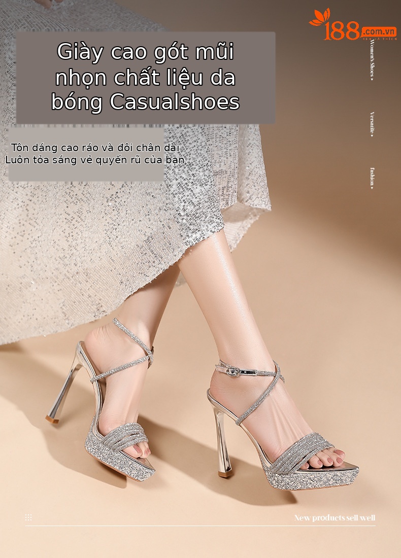 Sandal cao gót nữ mũi nhọn đế platform gót 12 cm quai chéo đính đá — Màu da-12cm chi tiết 1