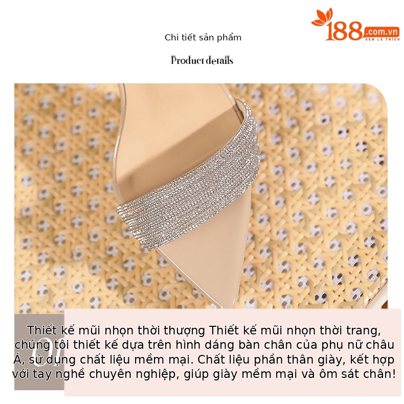 Sandal cao gót nữ mũi nhọn đế platform gót 12 cm quai chéo đính đá — Màu da-12cm chi tiết 3