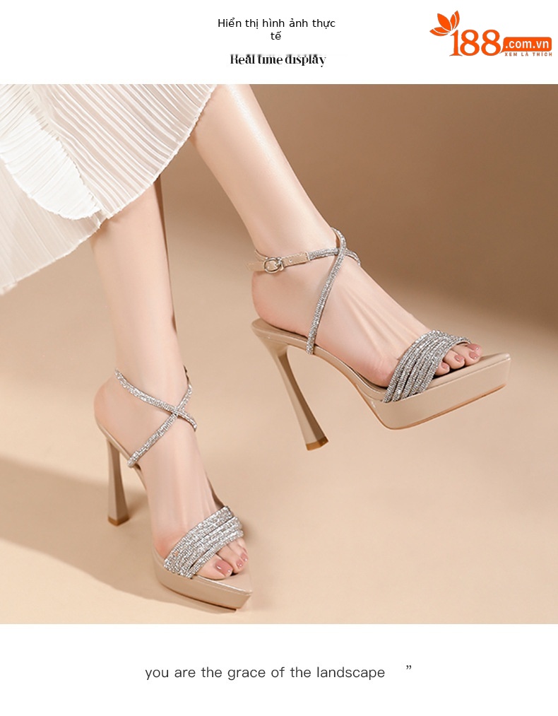 Sandal cao gót nữ mũi nhọn đế platform gót 12 cm quai chéo đính đá — Màu da-12cm chi tiết 5