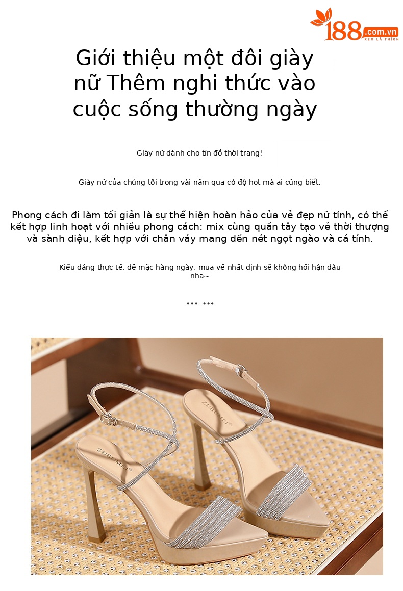 Sandal cao gót nữ mũi nhọn đế platform gót 12 cm quai chéo đính đá — Màu da-12cm chi tiết 2