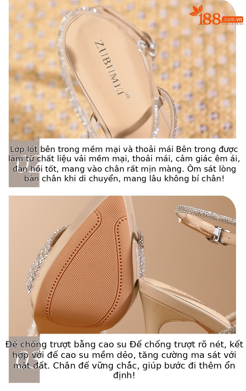 Sandal cao gót nữ mũi nhọn đế platform gót 12 cm quai chéo đính đá — Màu da-12cm chi tiết 4