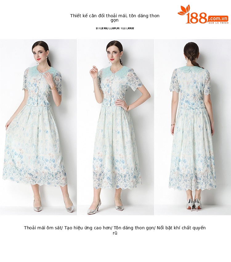Set váy hai mảnh mùa hè cổ búp bê ren hoa tay ngắn + chân váy xếp ly cạp cao — Xanh lá cây nhạtcolor, Màu hồng, màu mơ chi tiết 25