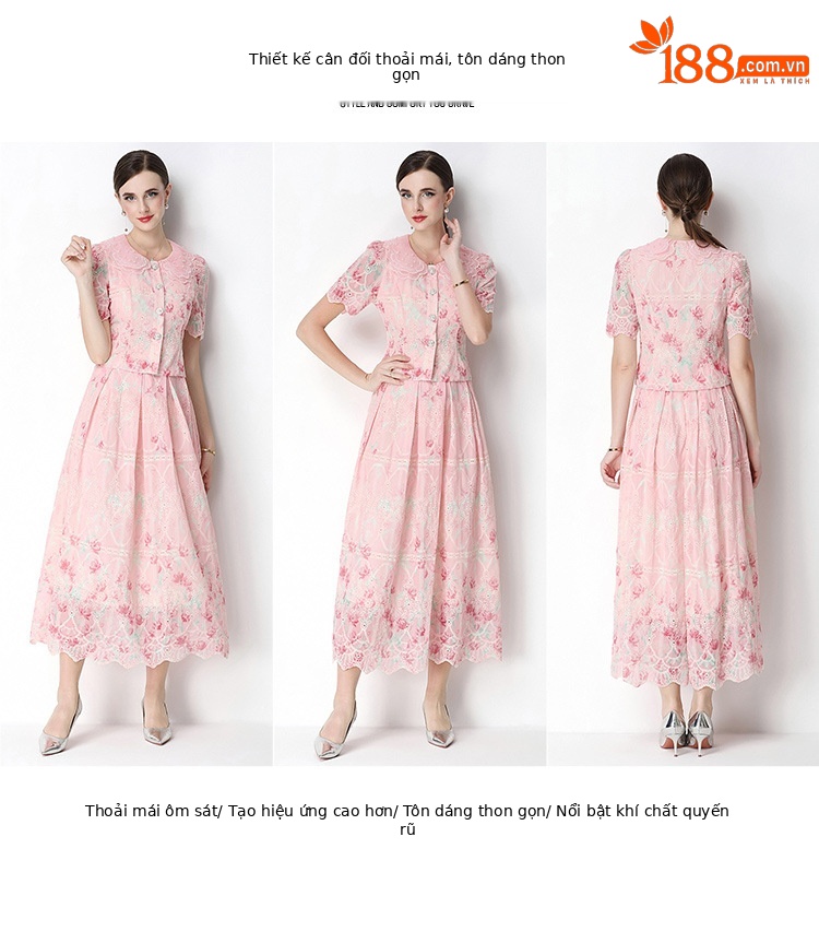 Set váy hai mảnh mùa hè cổ búp bê ren hoa tay ngắn + chân váy xếp ly cạp cao — Xanh lá cây nhạtcolor, Màu hồng, màu mơ chi tiết 43