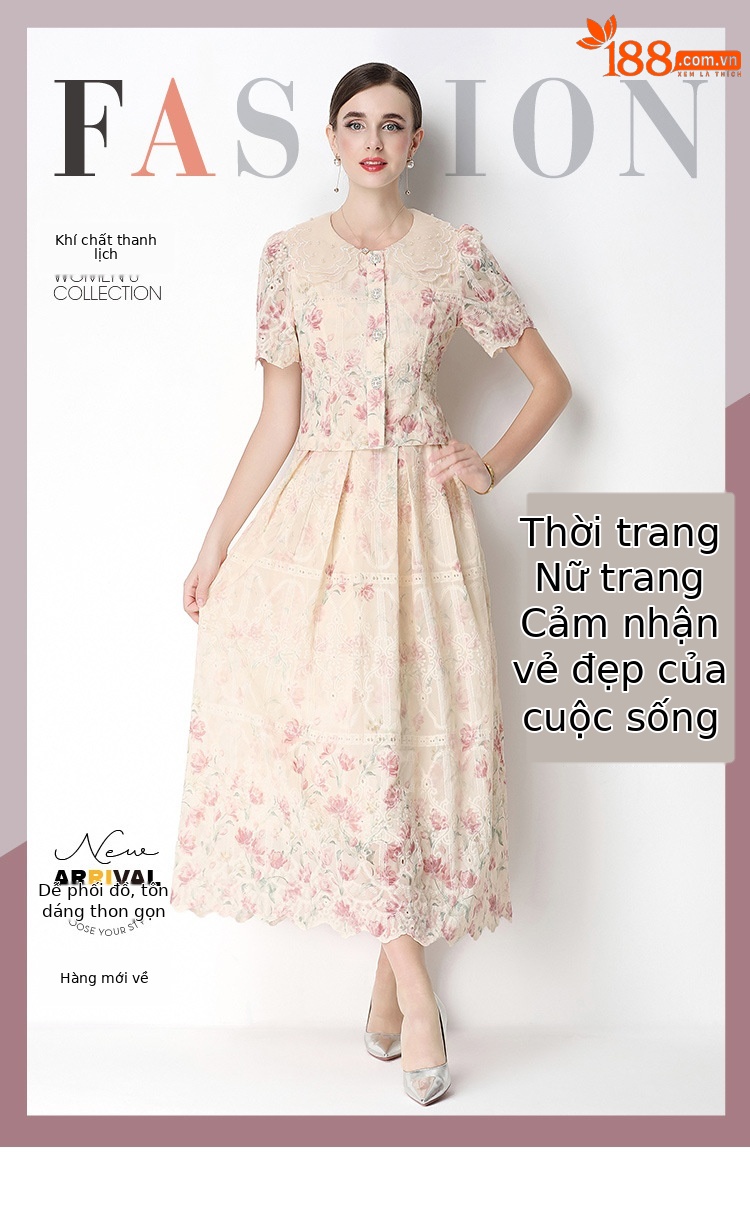 Set váy hai mảnh mùa hè cổ búp bê ren hoa tay ngắn + chân váy xếp ly cạp cao — Xanh lá cây nhạtcolor, Màu hồng, màu mơ chi tiết 1