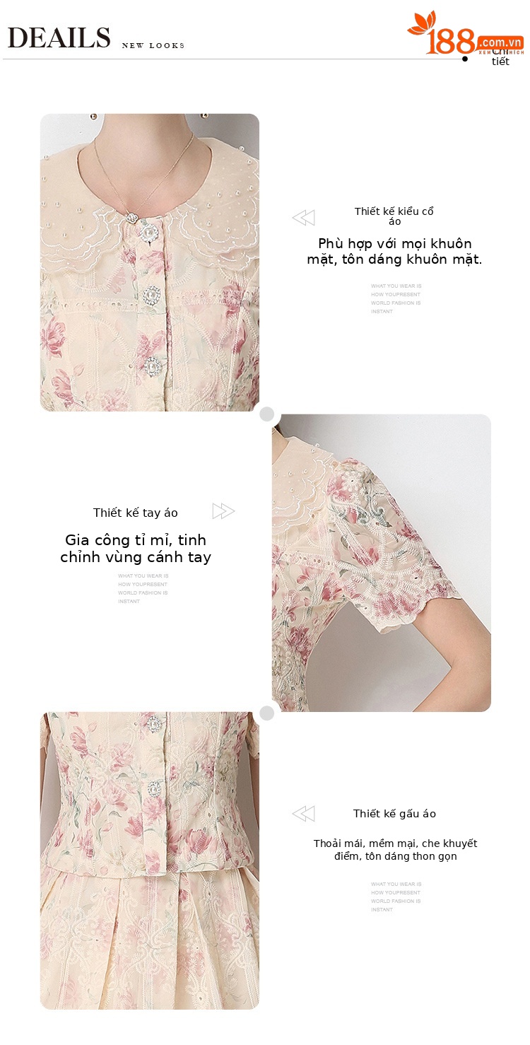 Set váy hai mảnh mùa hè cổ búp bê ren hoa tay ngắn + chân váy xếp ly cạp cao — Xanh lá cây nhạtcolor, Màu hồng, màu mơ chi tiết 8