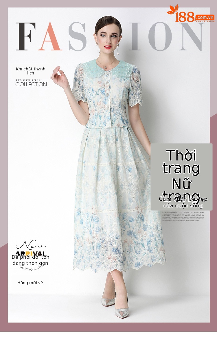 Set váy hai mảnh mùa hè cổ búp bê ren hoa tay ngắn + chân váy xếp ly cạp cao — Xanh lá cây nhạtcolor, Màu hồng, màu mơ chi tiết 19