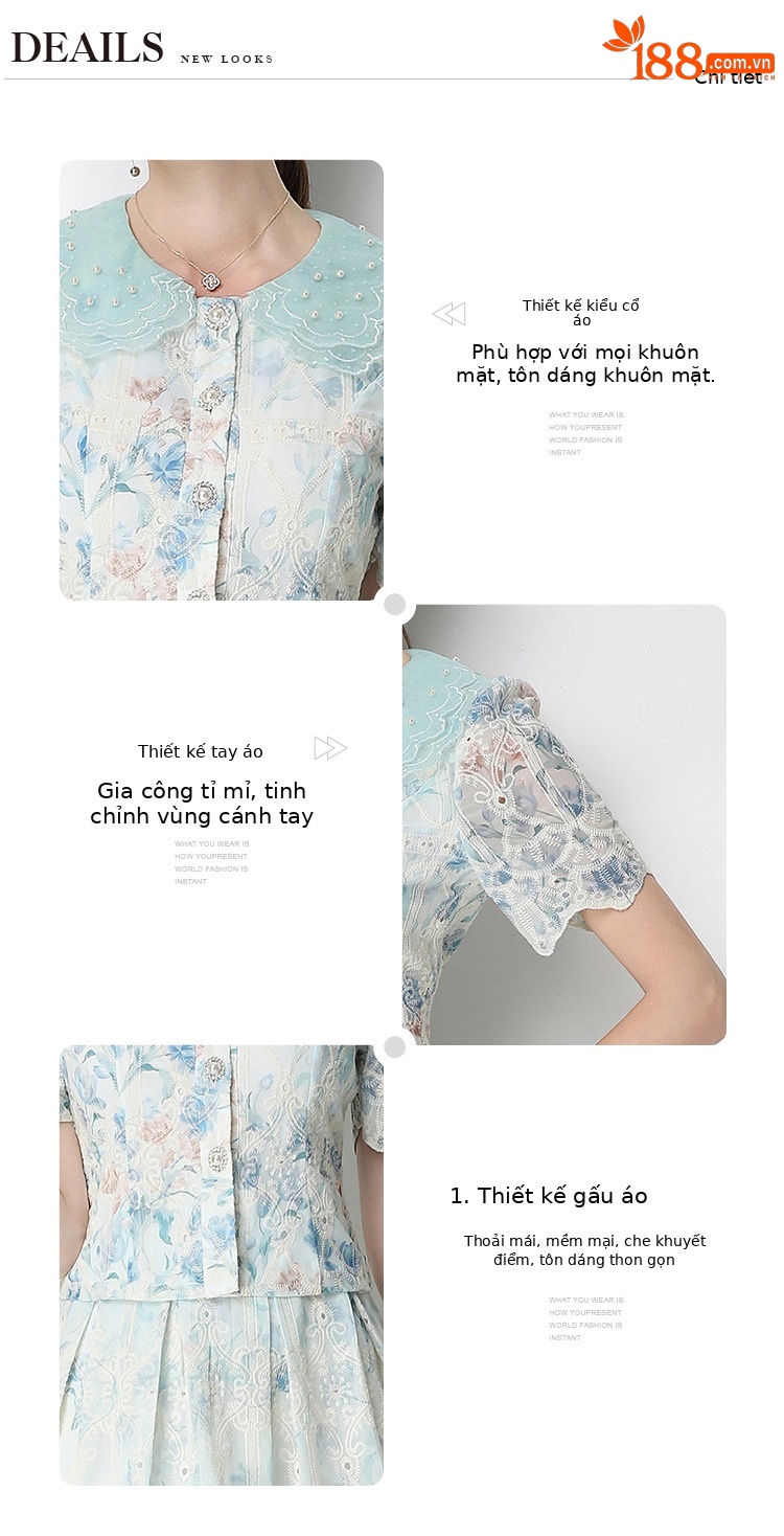 Set váy hai mảnh mùa hè cổ búp bê ren hoa tay ngắn + chân váy xếp ly cạp cao — Xanh lá cây nhạtcolor, Màu hồng, màu mơ chi tiết 26