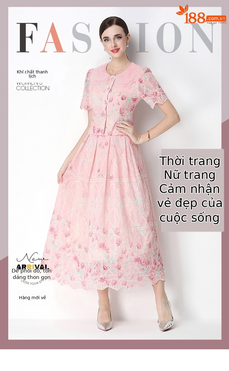 Set váy hai mảnh mùa hè cổ búp bê ren hoa tay ngắn + chân váy xếp ly cạp cao — Xanh lá cây nhạtcolor, Màu hồng, màu mơ chi tiết 37