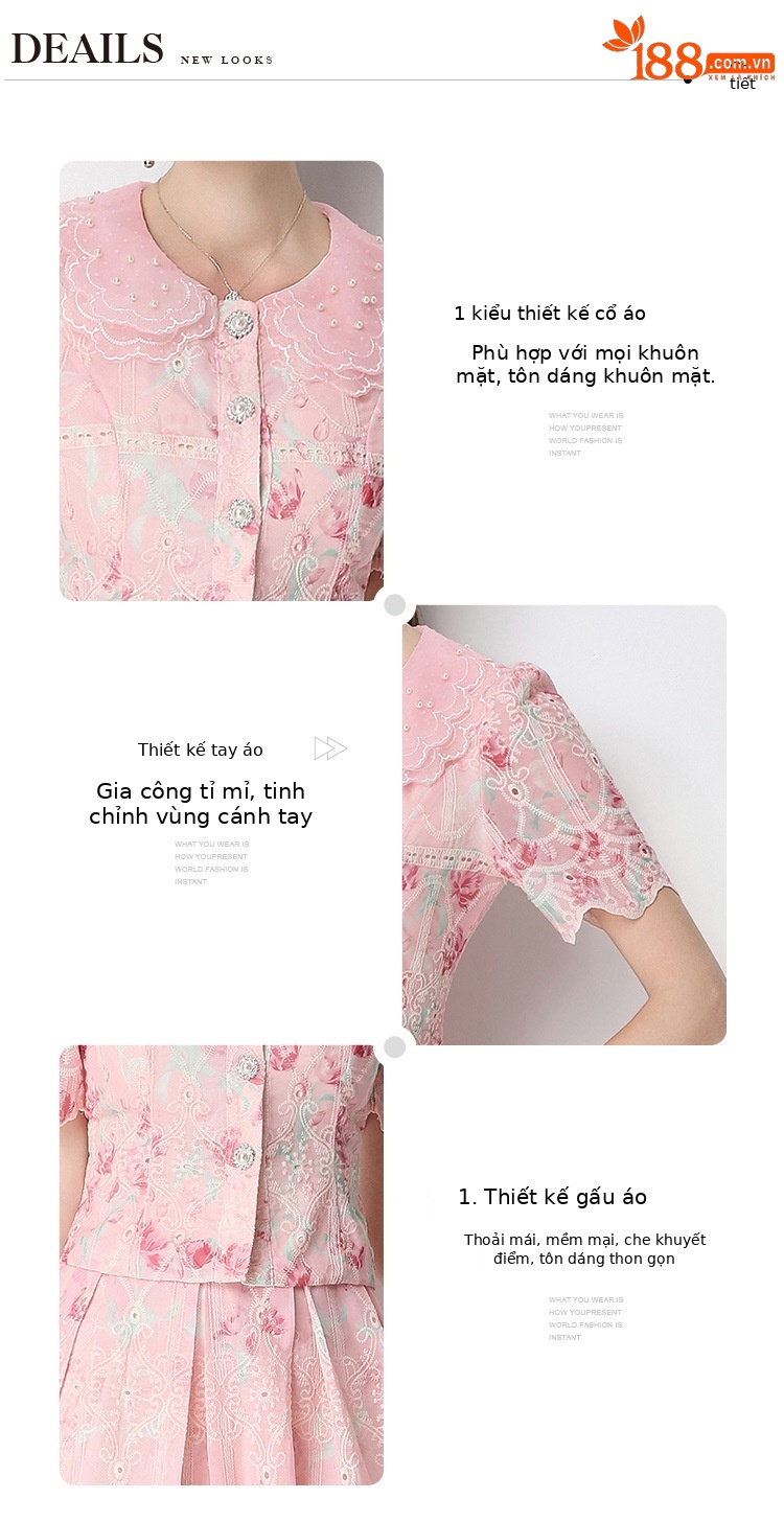 Set váy hai mảnh mùa hè cổ búp bê ren hoa tay ngắn + chân váy xếp ly cạp cao — Xanh lá cây nhạtcolor, Màu hồng, màu mơ chi tiết 44