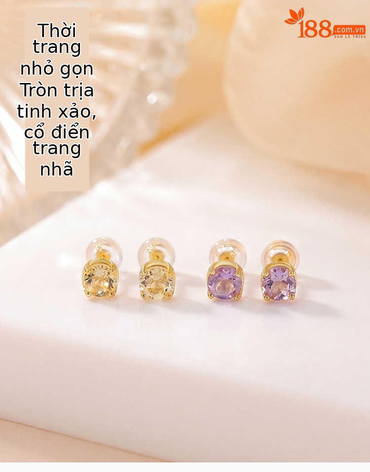 Bông tai bạc S925 mạ vàng đính đá tím và đá vàng cắt giác, kiểu dáng đơn giản cá tính — Vàng pha lê chi tiết 1