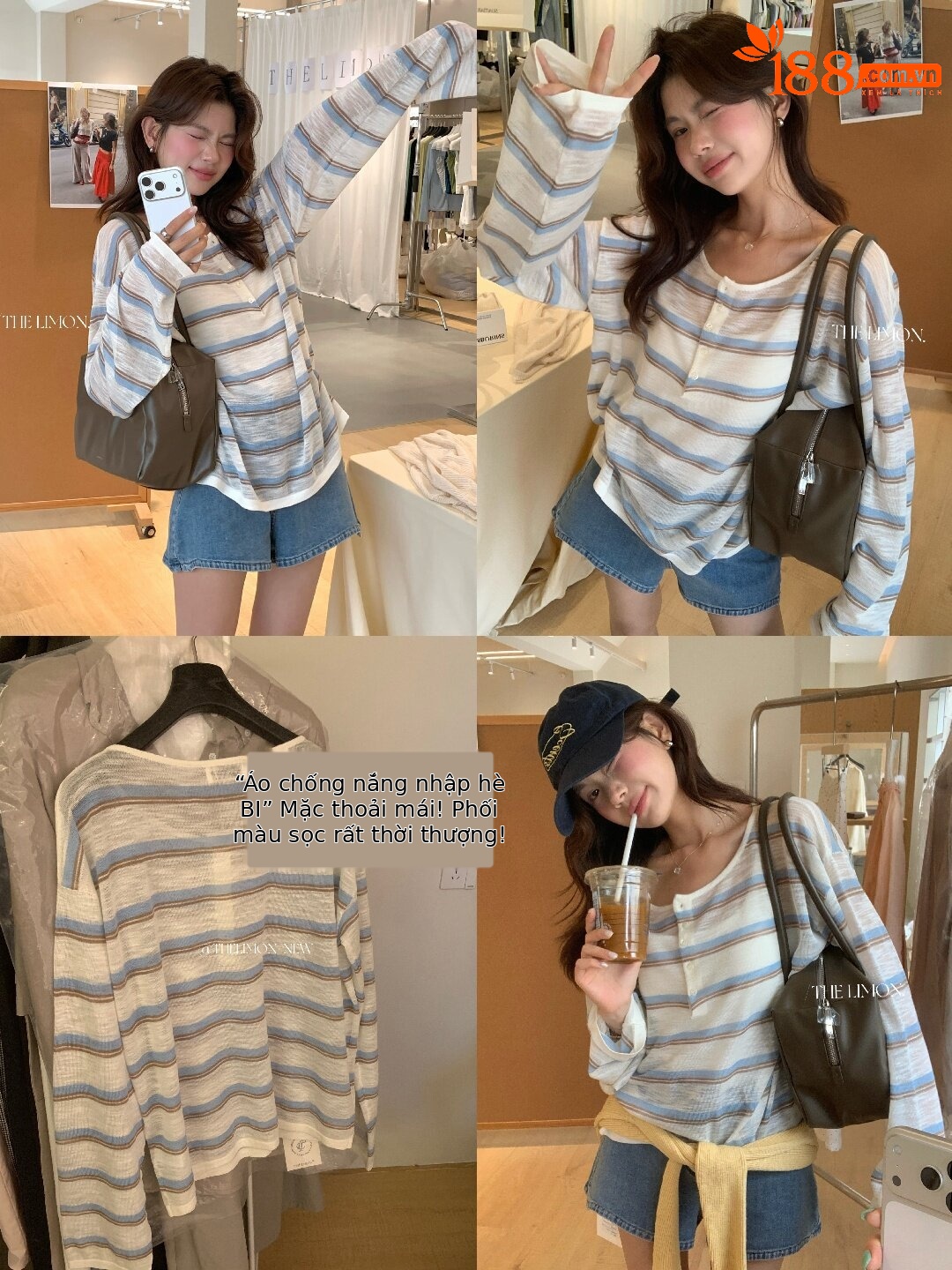 Áo thun nữ tay dài sọc kẻ phong cách Hàn Quốc form rộng — Sọc trắng nền kem, Sọc xám nhạt chi tiết 58