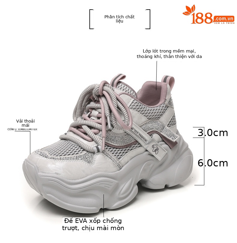 Giày sneaker nữ đế dày chunky lưới thoáng khí tăng chiều cao — Xám tím chi tiết 3
