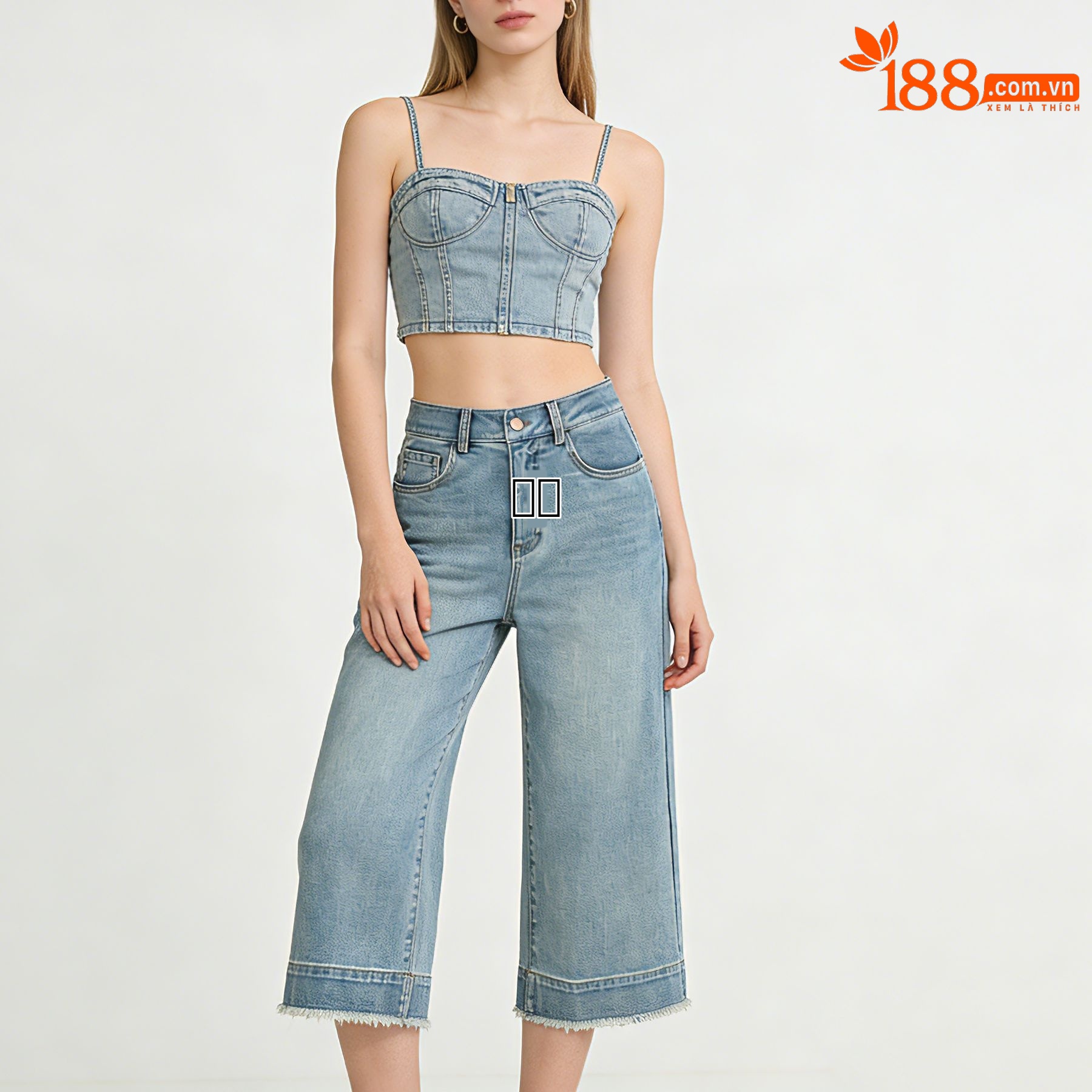 Quần jean nữ ống rộng cạp cao, chất liệu cotton pha linen mỏng nhẹ, dáng suông rủ, gấu tua rua — xanh lam chi tiết 5