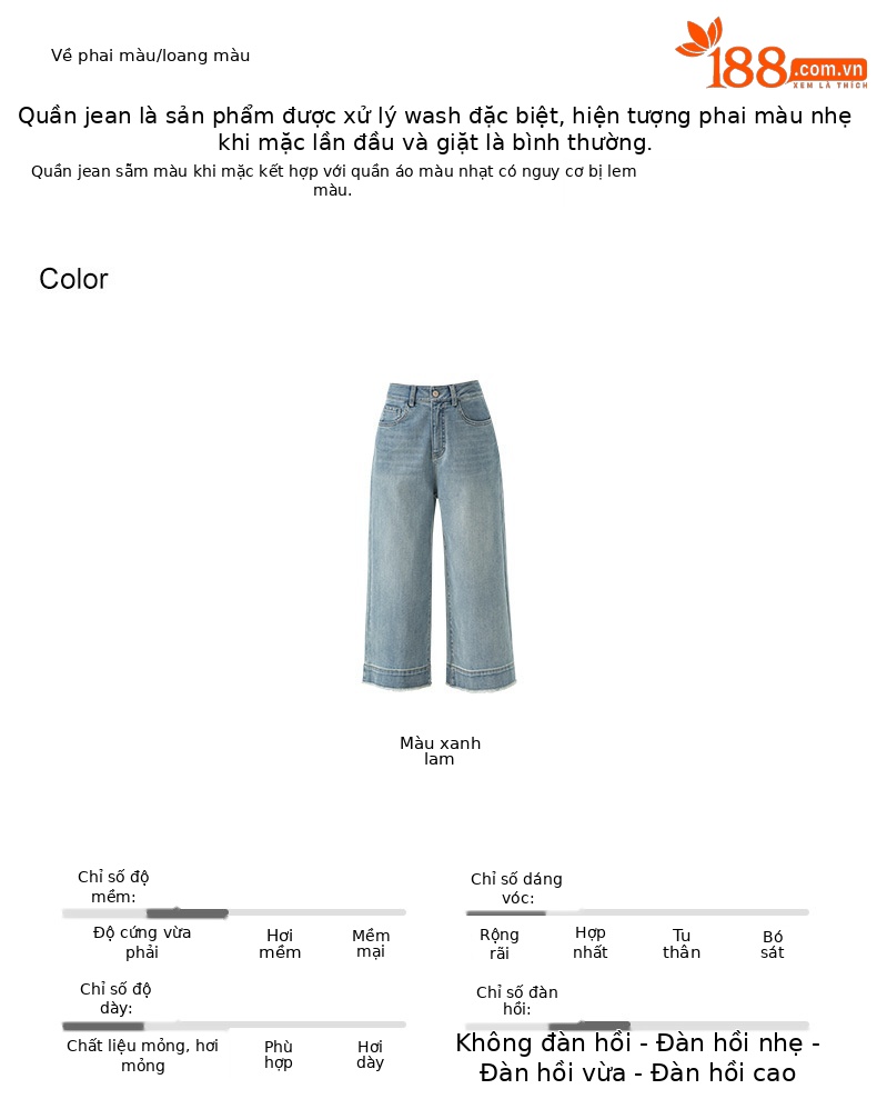 Quần jean nữ ống rộng cạp cao, chất liệu cotton pha linen mỏng nhẹ, dáng suông rủ, gấu tua rua — xanh lam chi tiết 10
