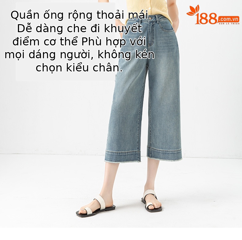 Quần jean nữ ống rộng cạp cao, chất liệu cotton pha linen mỏng nhẹ, dáng suông rủ, gấu tua rua — xanh lam chi tiết 14