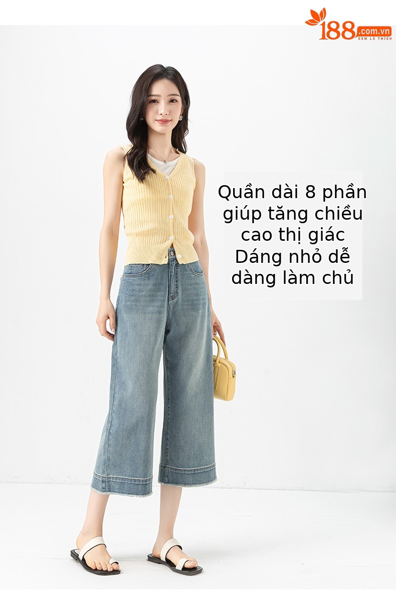 Quần jean nữ ống rộng cạp cao, chất liệu cotton pha linen mỏng nhẹ, dáng suông rủ, gấu tua rua — xanh lam chi tiết 15