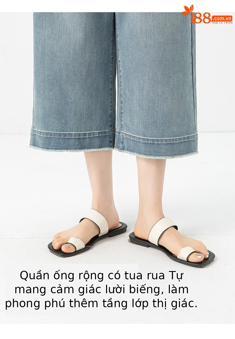 Quần jean nữ ống rộng cạp cao, chất liệu cotton pha linen mỏng nhẹ, dáng suông rủ, gấu tua rua — xanh lam chi tiết 16