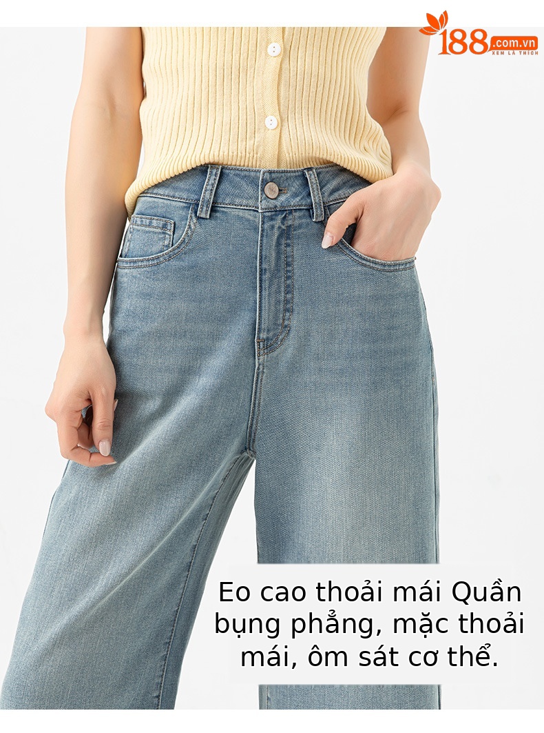 Quần jean nữ ống rộng cạp cao, chất liệu cotton pha linen mỏng nhẹ, dáng suông rủ, gấu tua rua — xanh lam chi tiết 17