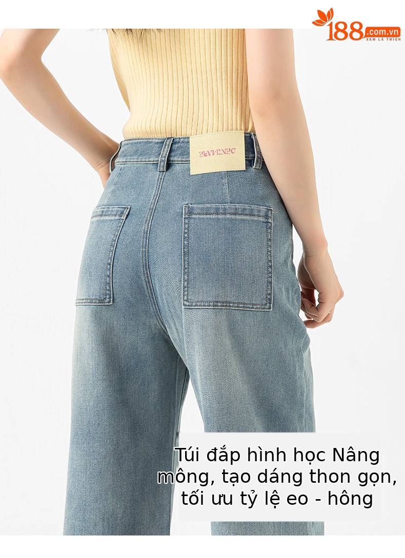 Quần jean nữ ống rộng cạp cao, chất liệu cotton pha linen mỏng nhẹ, dáng suông rủ, gấu tua rua — xanh lam chi tiết 18
