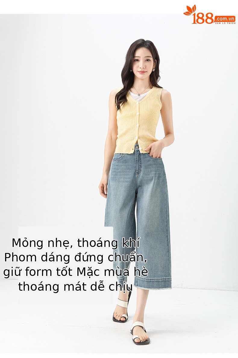Quần jean nữ ống rộng cạp cao, chất liệu cotton pha linen mỏng nhẹ, dáng suông rủ, gấu tua rua — xanh lam chi tiết 19