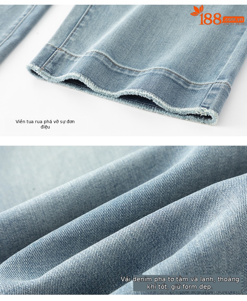 Quần jean nữ ống rộng cạp cao, chất liệu cotton pha linen mỏng nhẹ, dáng suông rủ, gấu tua rua — xanh lam chi tiết 23