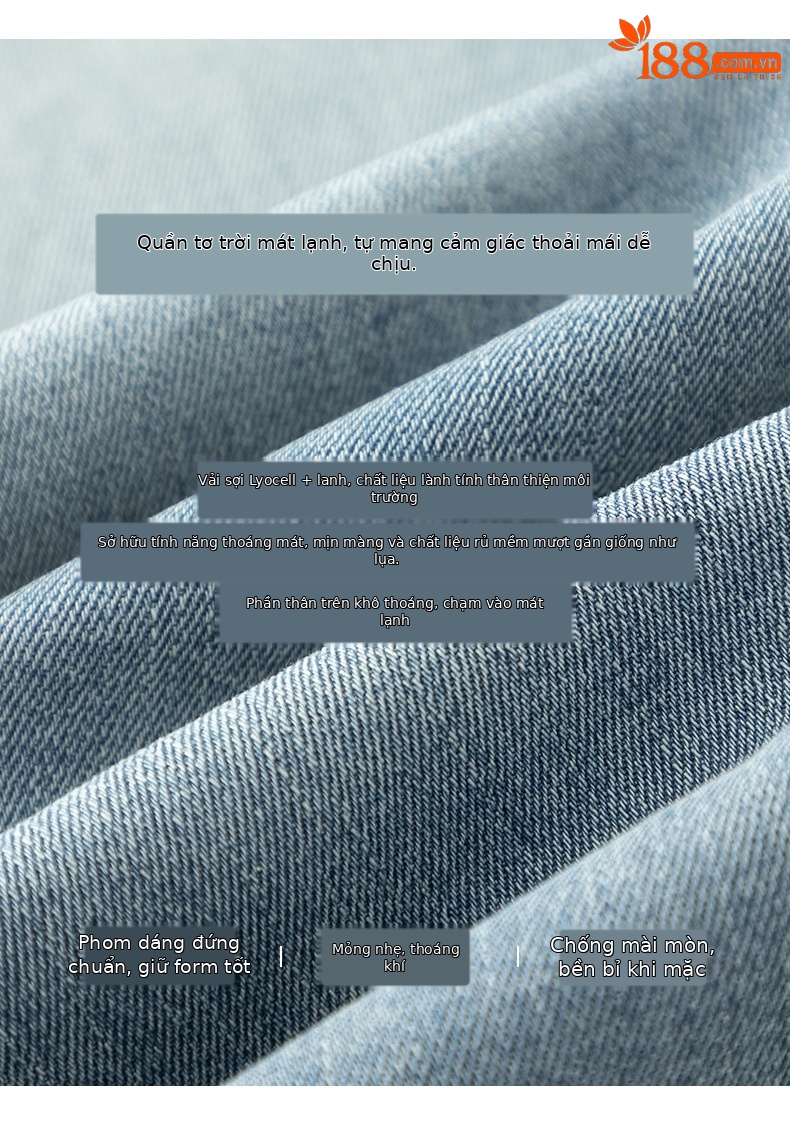 Quần jean nữ ống rộng cạp cao, chất liệu cotton pha linen mỏng nhẹ, dáng suông rủ, gấu tua rua — xanh lam chi tiết 11