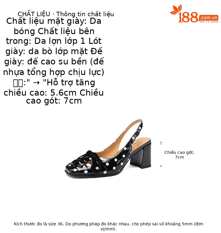 Giày Mary Jane nữ quai ngang gót vuông chấm bi, mũi vuông nơ bướm, gót 6 cm — màu đen, màu trắng chi tiết 2