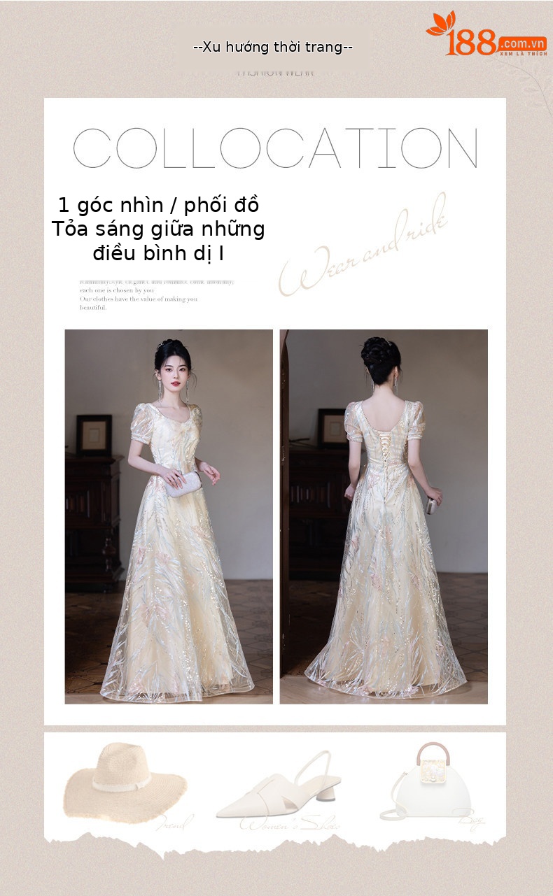 Đầm maxi nữ thắt eo phong cách Pháp, thiết kế dáng dài sang trọng, tay dài, cổ chữ V, chất liệu cao cấp — Màu champagne chi tiết 3