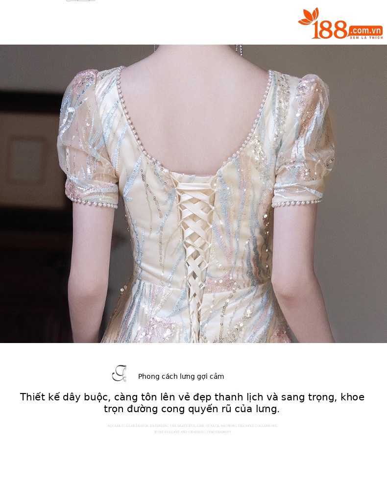 Đầm maxi nữ thắt eo phong cách Pháp, thiết kế dáng dài sang trọng, tay dài, cổ chữ V, chất liệu cao cấp — Màu champagne chi tiết 5