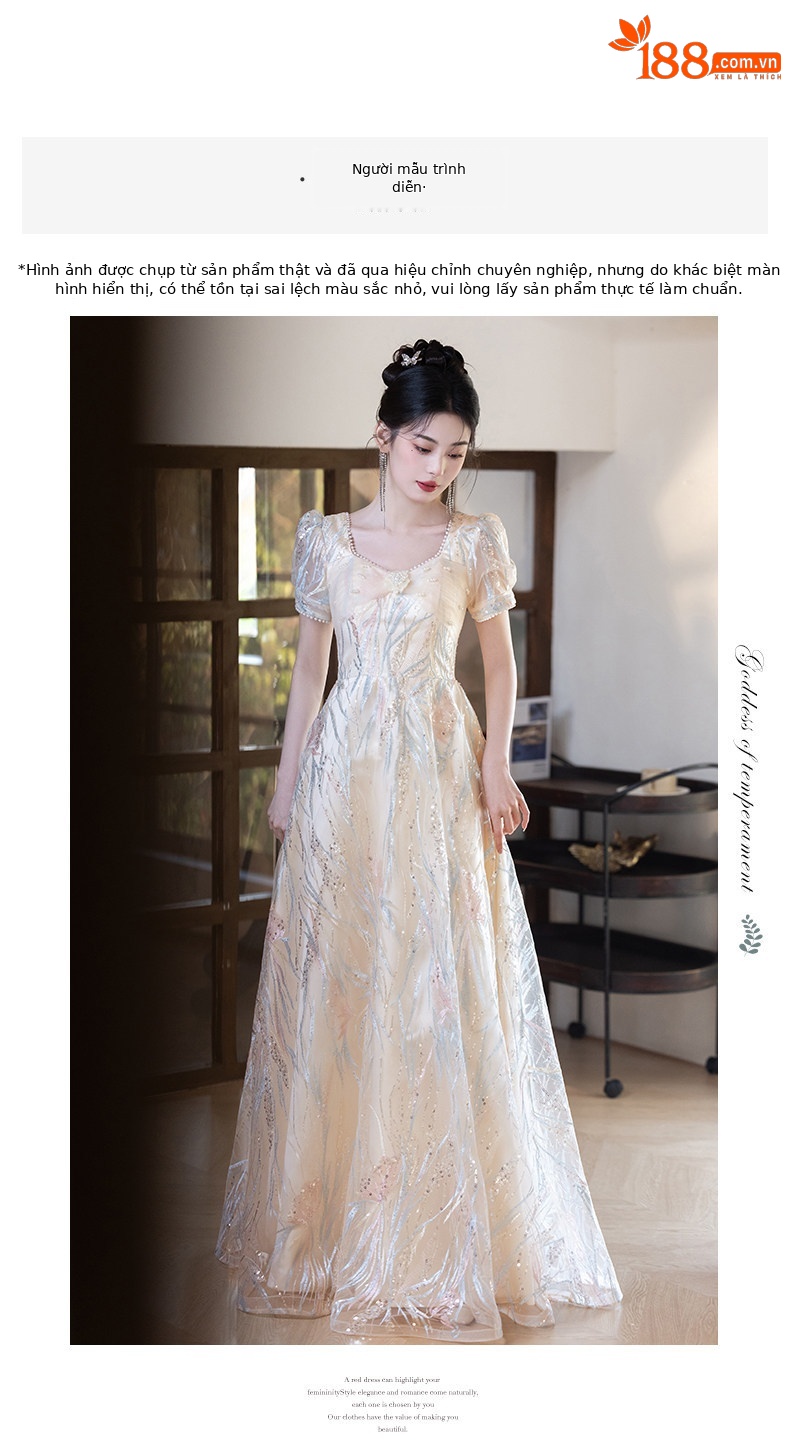 Đầm maxi nữ thắt eo phong cách Pháp, thiết kế dáng dài sang trọng, tay dài, cổ chữ V, chất liệu cao cấp — Màu champagne chi tiết 6