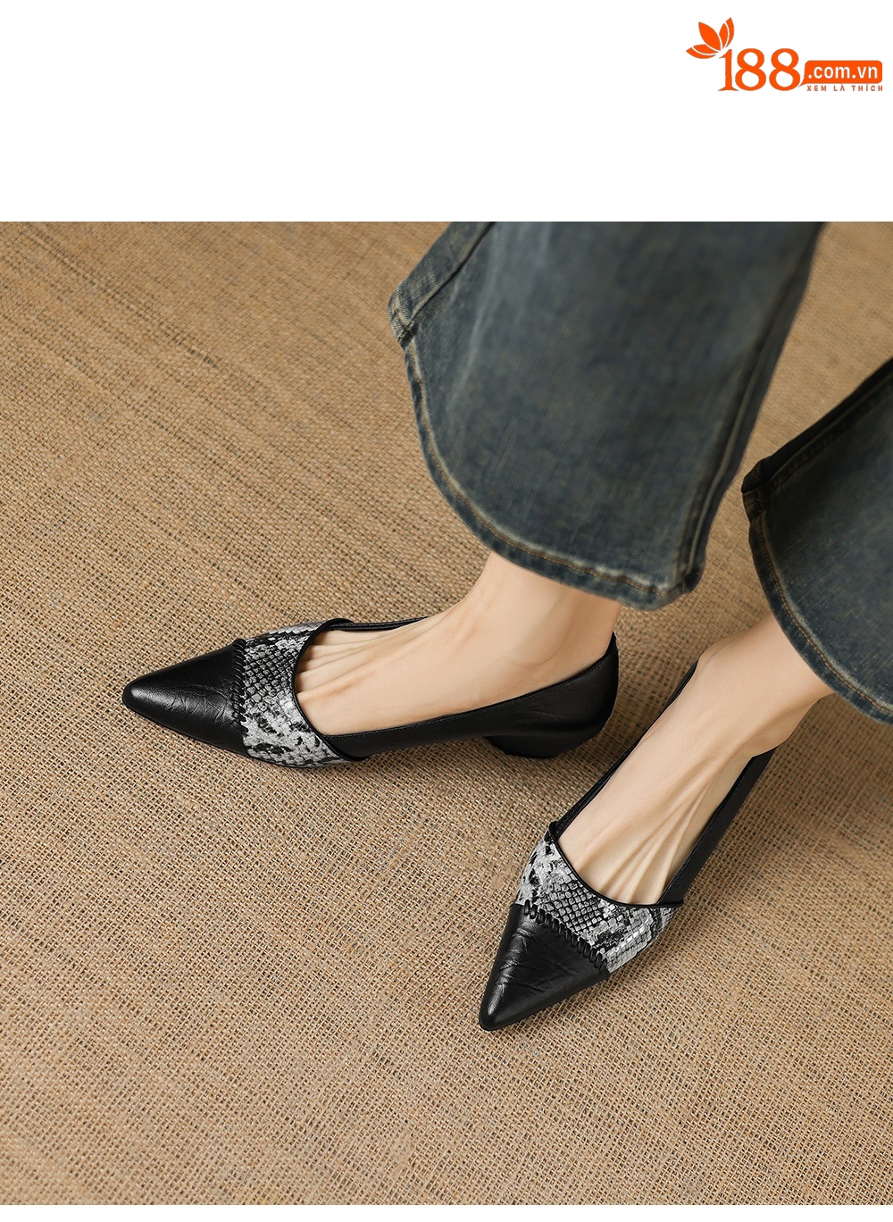 Giày cao gót nữ mũi nhọn da cừu phối màu gót 5 cm kiểu Pháp — đen chi tiết 8